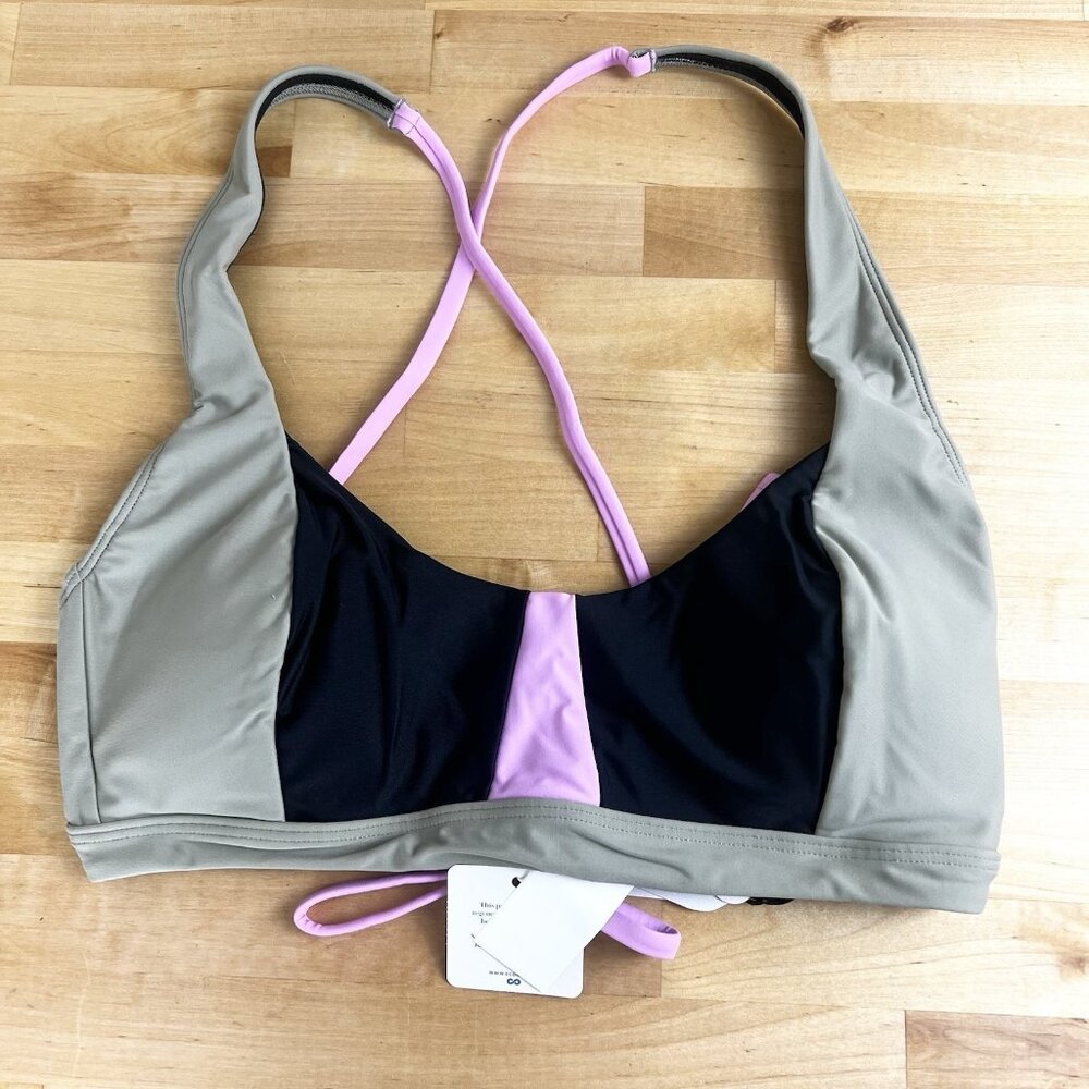 NWT Prana Bikini Top Tulum Tie Back Size Large Black Colorblock Swim Beach NEW